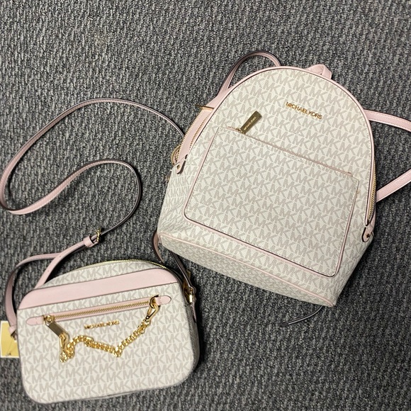 Michael Kors Handbags - Brand New with tags !! Michael Kors Pink Logo Crossbody Bag & Backpack Set